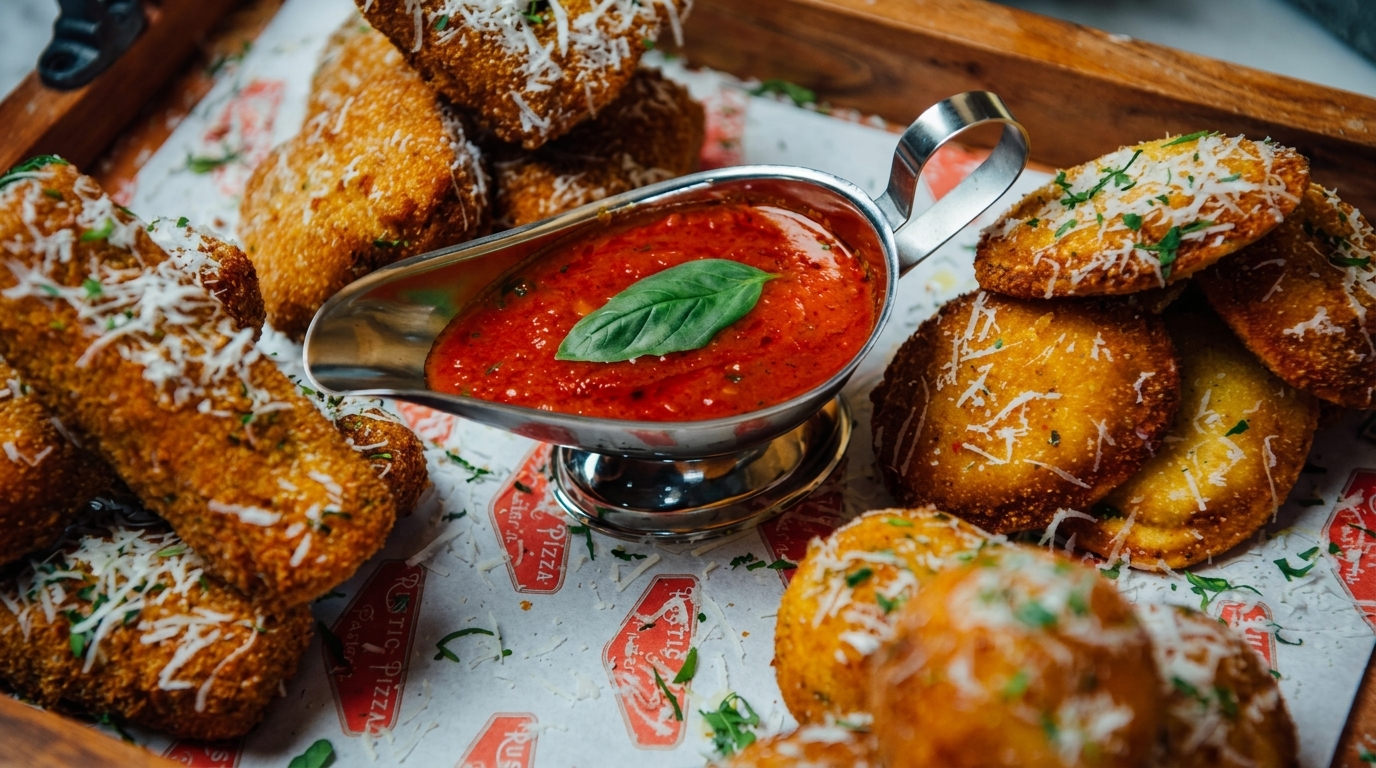 Fried appetizers, some round and some stick-shaped, with grated cheese and a side of marinara sauce.