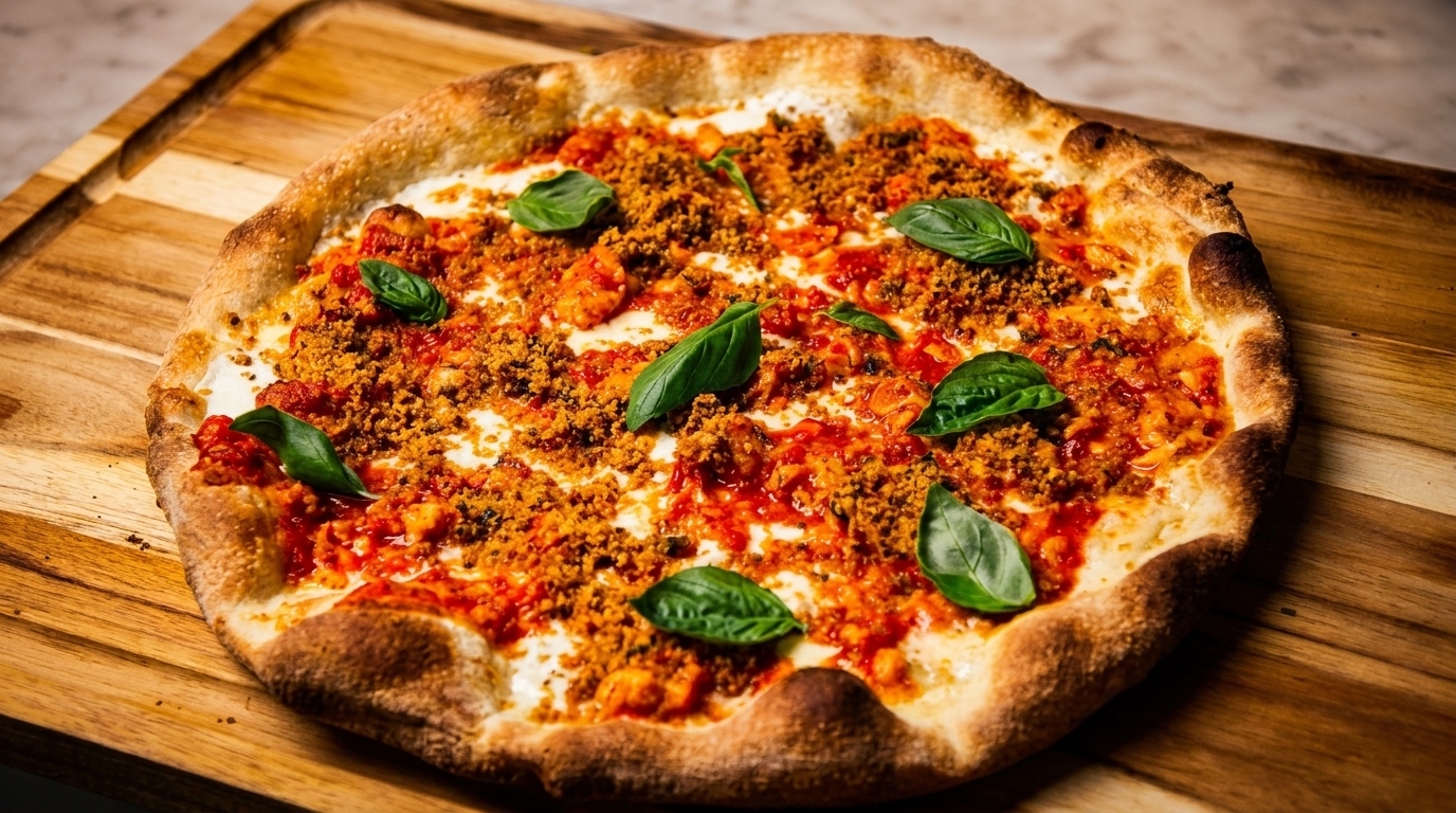 A whole pizza with red sauce, white cheese, crumbled sausage, and fresh basil on a wooden board.