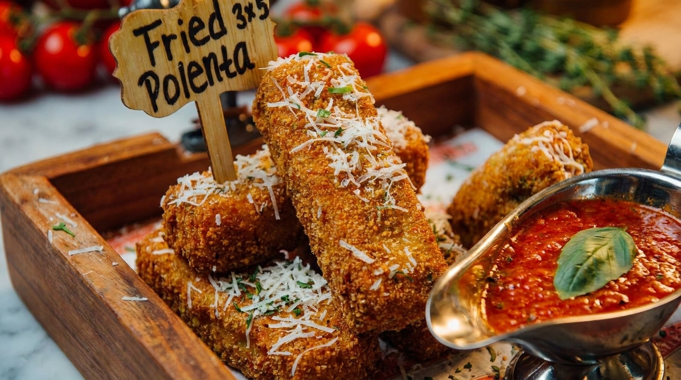 Golden fried polenta sticks topped with parmesan cheese, served with a side of marinara sauce.