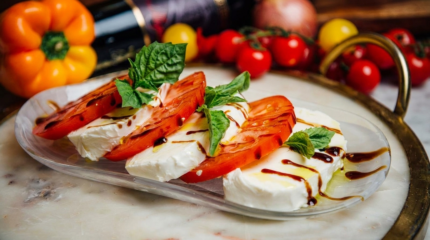 Caprese salad with sliced tomatoes, mozzarella, basil, olive oil, and balsamic glaze.