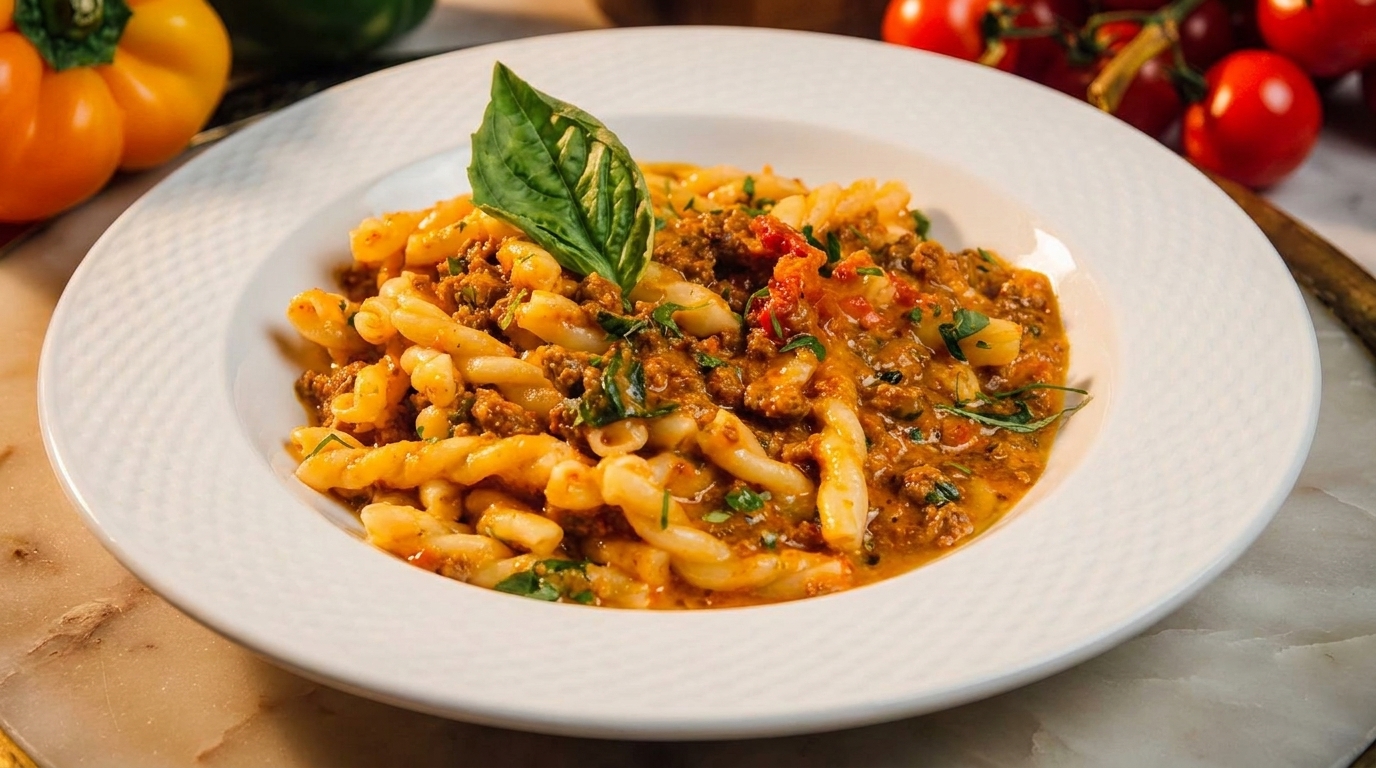 A white bowl of pasta with meat sauce, garnished with a fresh basil leaf.