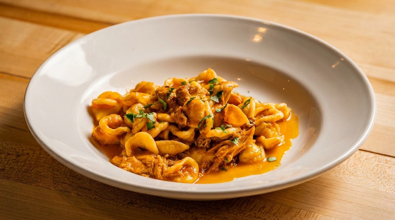 Orecchiette pasta with a rich sauce and fresh parsley in a white bowl on a wooden table.