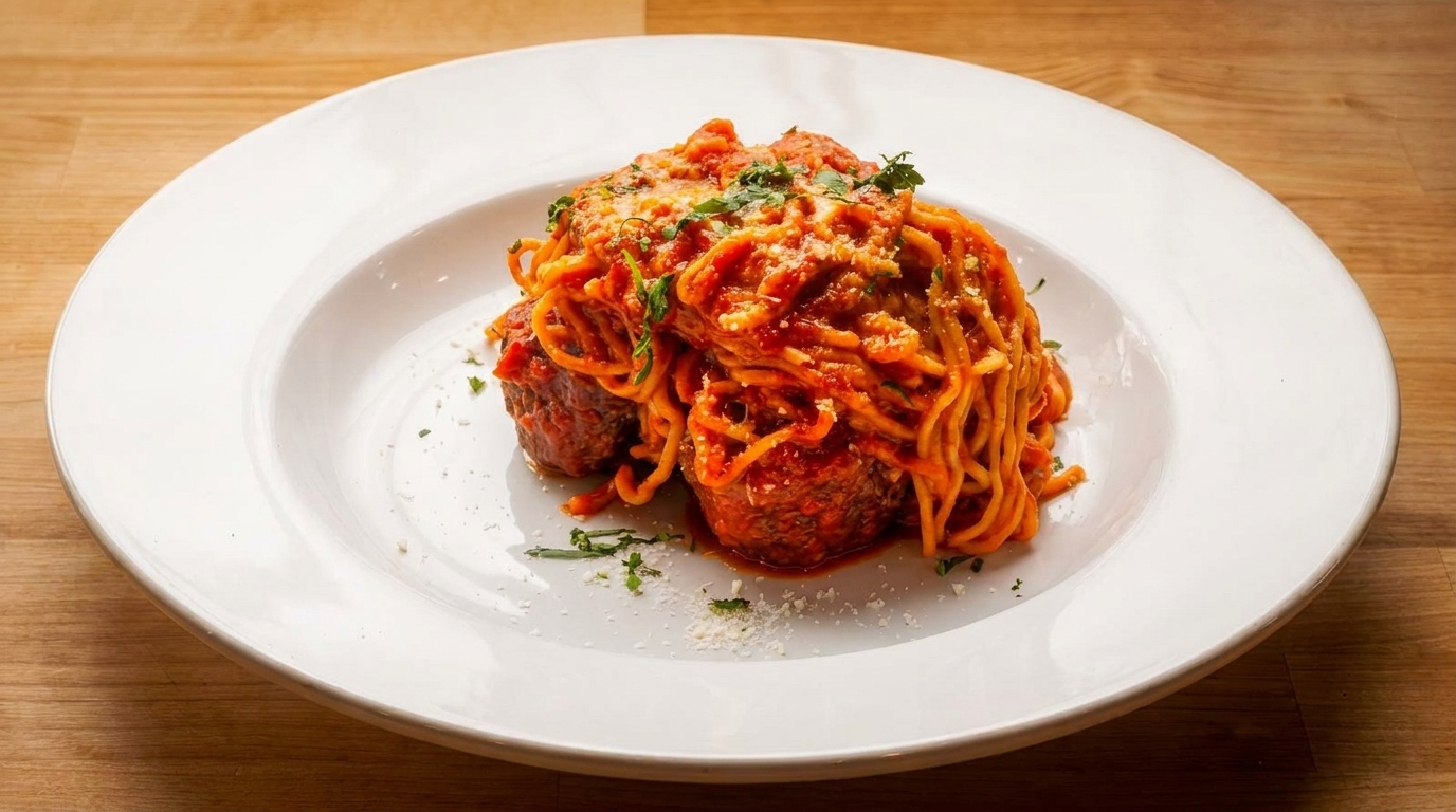 Spaghetti and meatballs covered in red sauce, sprinkled with cheese and parsley, on a white plate.