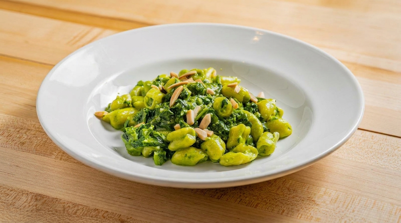 Green gnocchi with spinach and sliced almonds in a white bowl on a wooden table.