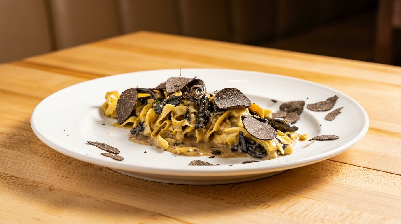 Fettuccine pasta with creamy sauce and generous shavings of black truffle on a white plate.
