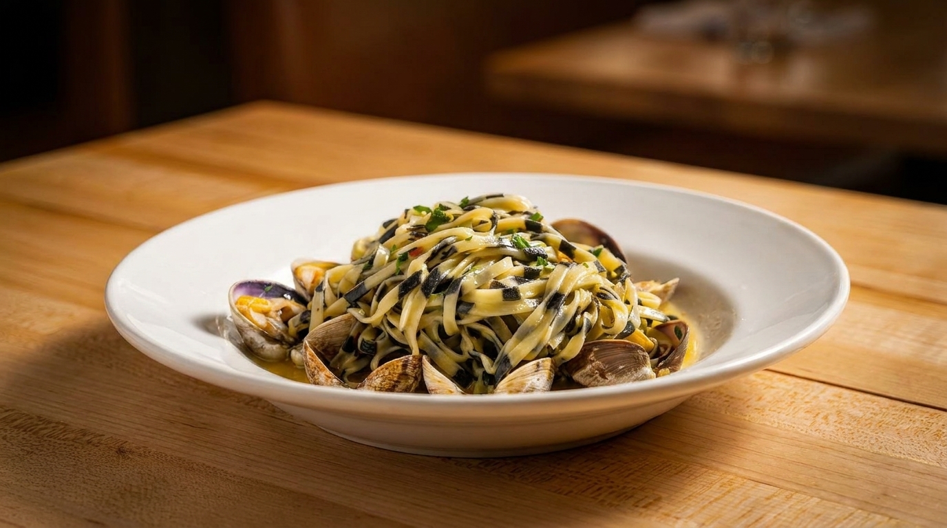 Black and white striped pasta with clams in a white bowl on a wooden table.