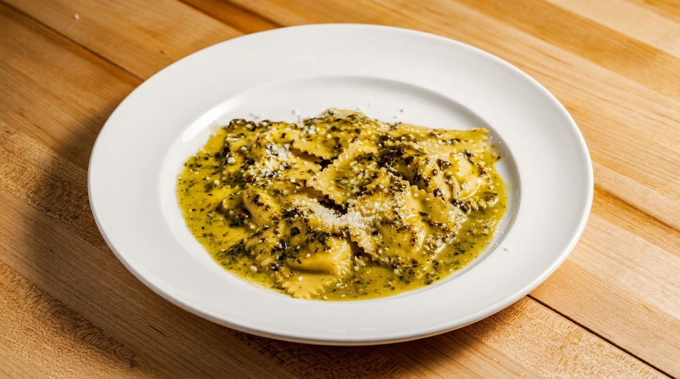 Ravioli pasta with pesto sauce and grated cheese on a white plate on a wooden table.