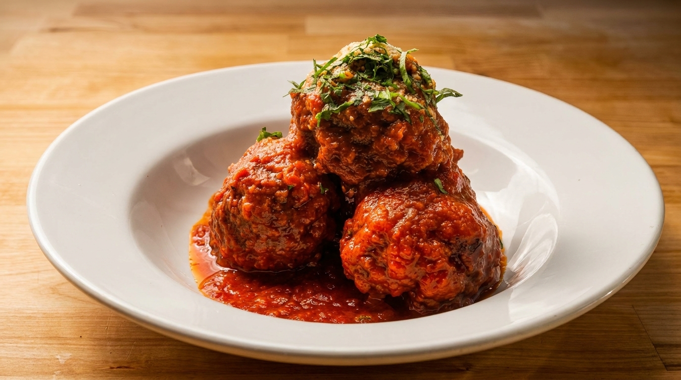 Three large meatballs covered in red sauce, topped with herbs and cheese, served in a white bowl.