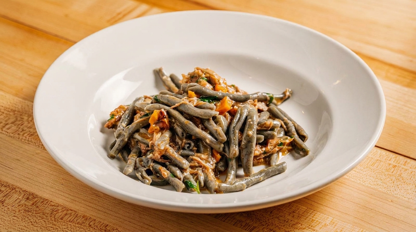 A white bowl filled with dark green cavatelli pasta, meat sauce, and orange vegetables on a wooden table.