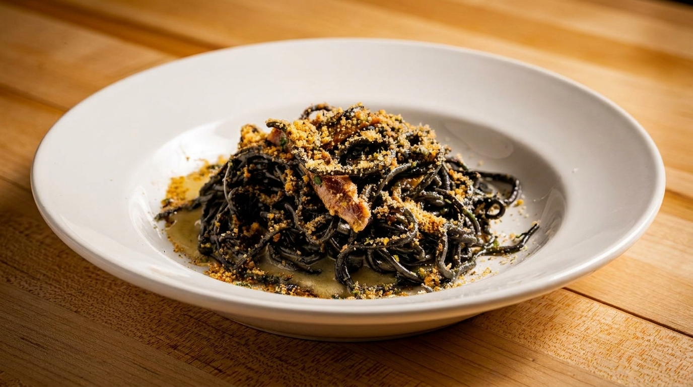 Black squid ink pasta with golden breadcrumbs and a light sauce in a white bowl.