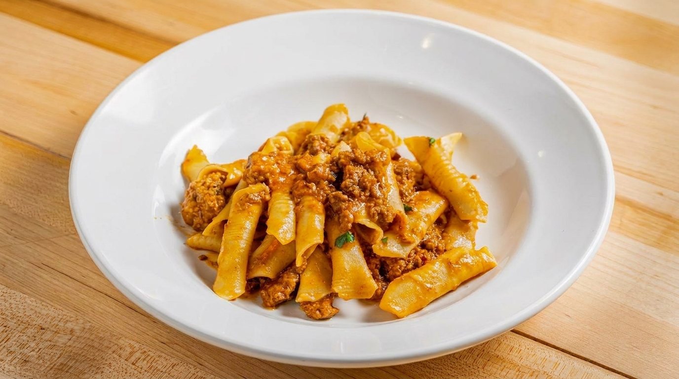 A white bowl filled with pasta and a rich meat sauce, garnished with fresh herbs.