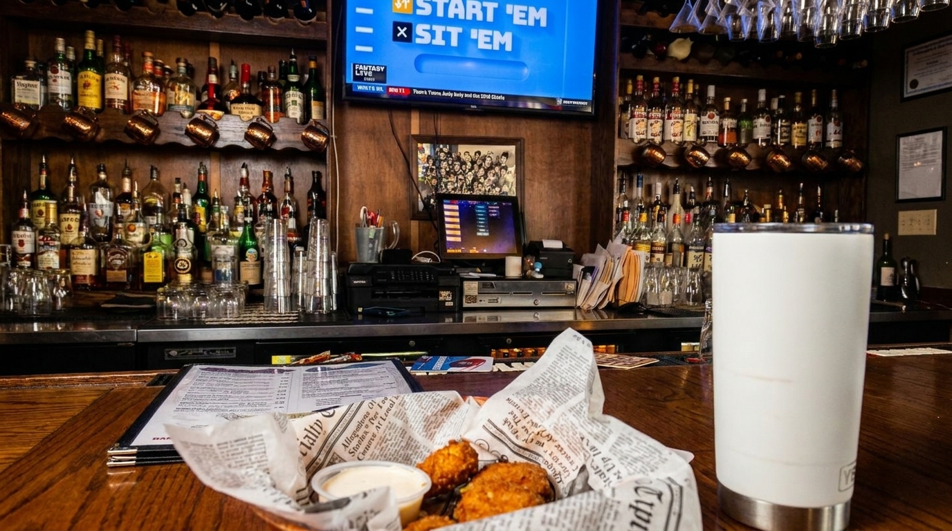 A bar scene with a basket of fried food, a white tumbler, and liquor bottles.
