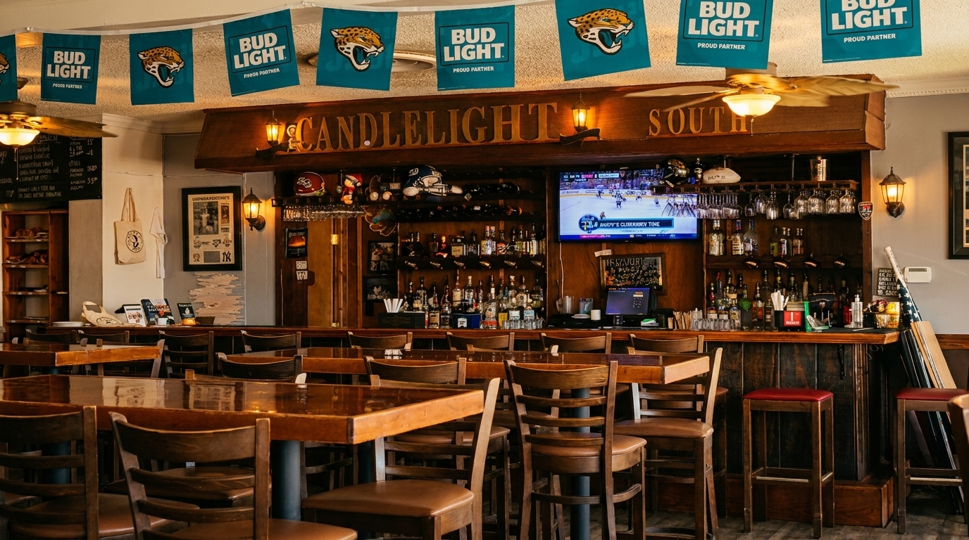 Interior of Candlelight South restaurant with wooden tables, chairs, and a fully stocked bar.