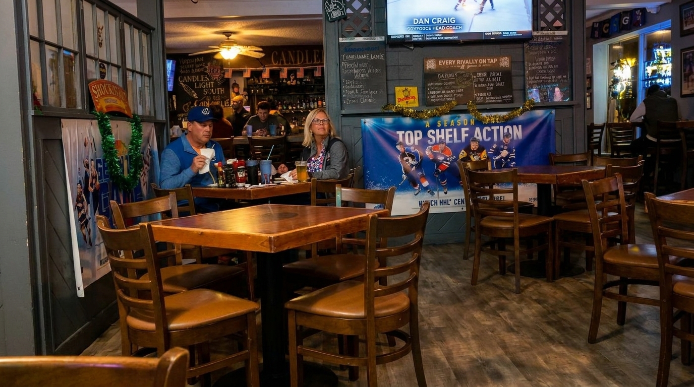 Diners seated at wooden tables in a dimly lit restaurant with sports memorabilia and TVs.