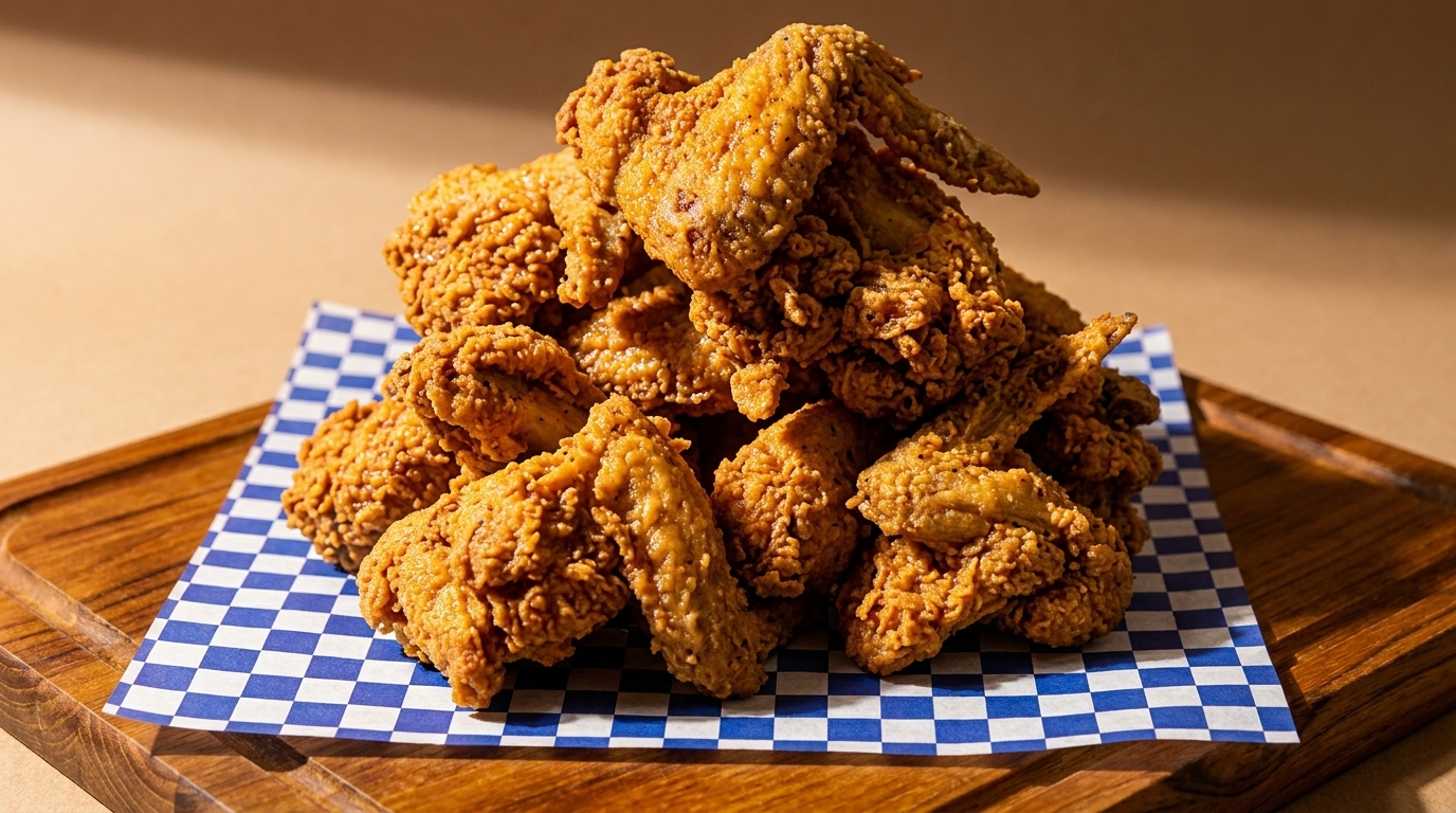 A large pile of crispy fried chicken wings on blue and white checkered paper.