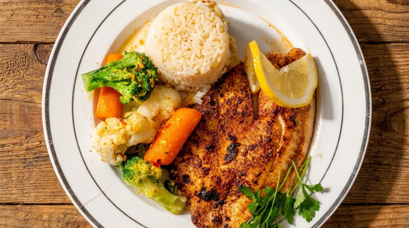 Seasoned fish fillet with rice, steamed broccoli, carrots, and cauliflower, garnished with lemon and parsley.