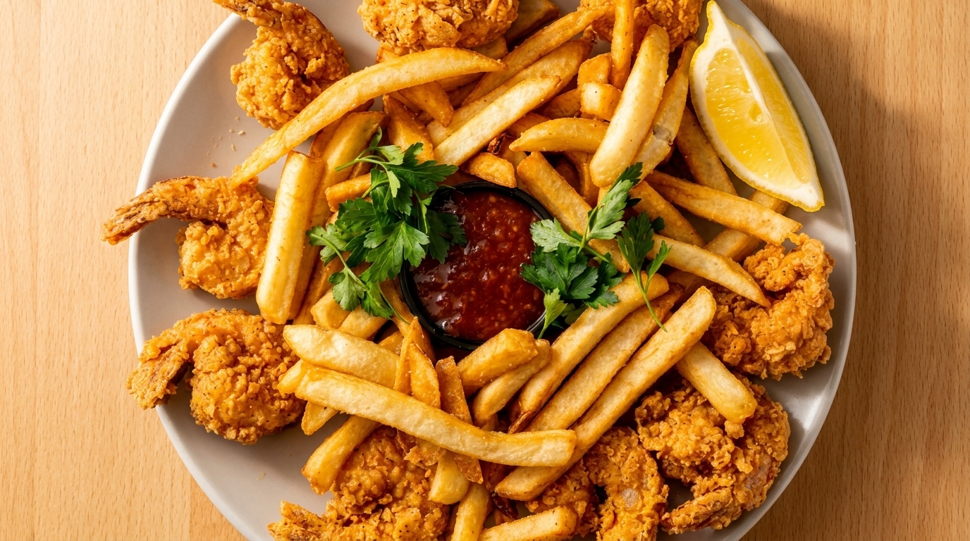 Crispy fried shrimp and golden french fries with a side of dipping sauce and a lemon wedge.
