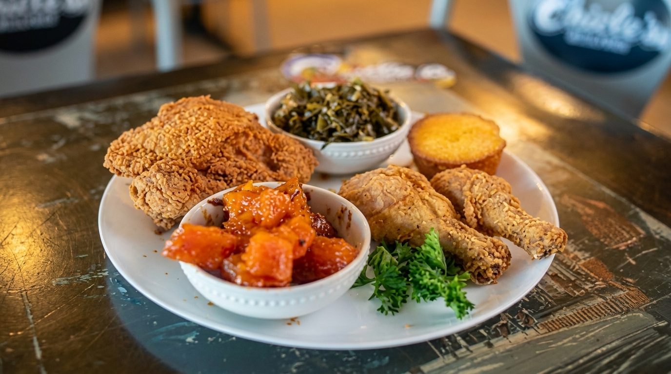 Fried chicken, candied yams, collard greens, and cornbread on a white plate.