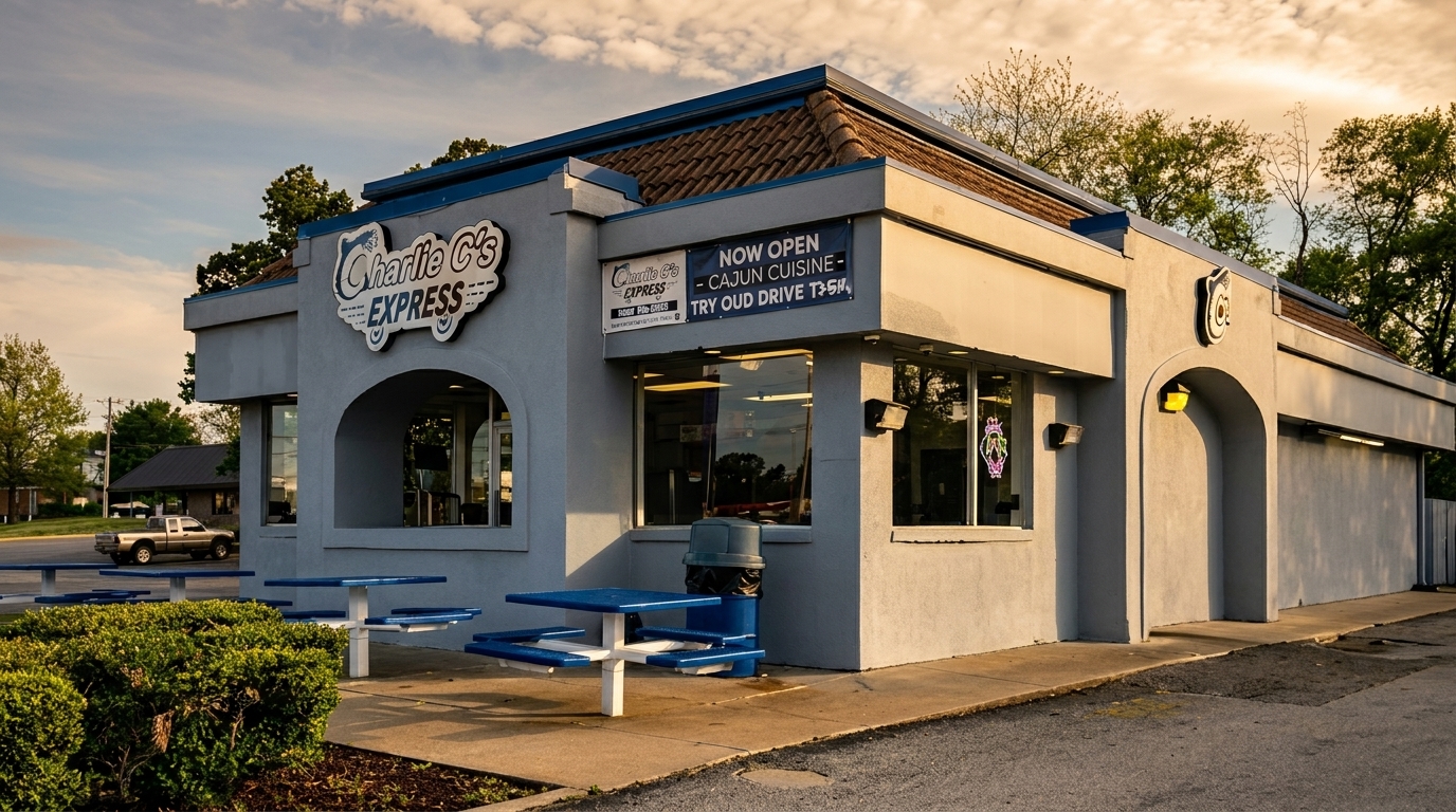 Charlie C's Express, a gray building with blue trim, outdoor picnic tables, and a "Cajun Cuisine" sign.