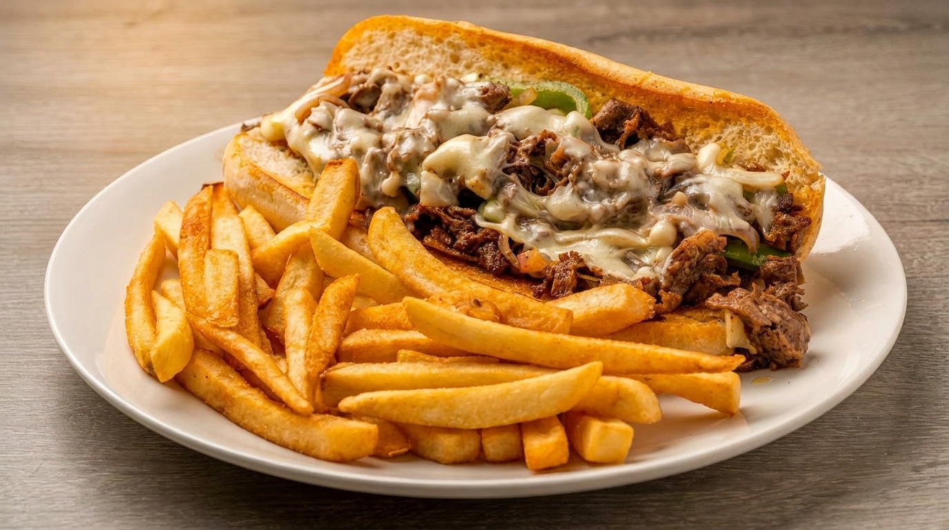 A delicious cheesesteak sandwich with melted cheese, peppers, and onions, served with golden french fries.