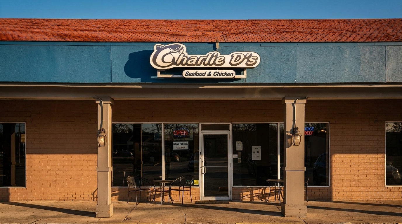 Exterior of Charlie D's Seafood & Chicken restaurant with a blue facade, red roof, and outdoor seating.