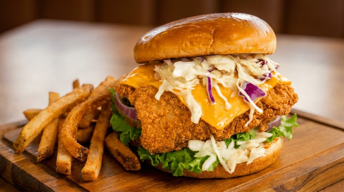 Crispy fried chicken sandwich with melted cheese, coleslaw, and red onions, served with fries.