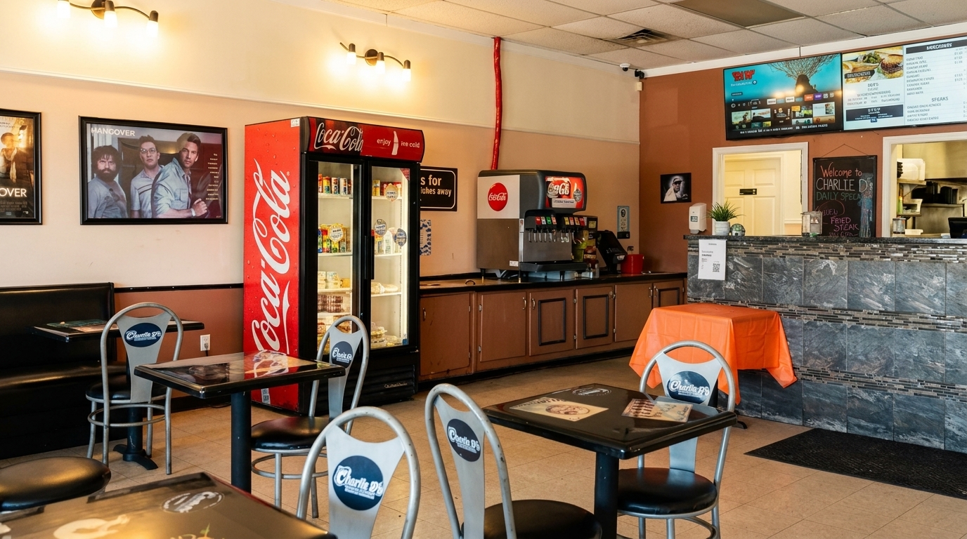 Interior of Charlie D's restaurant with tables, chairs, a Coca-Cola fridge, and a soda fountain.