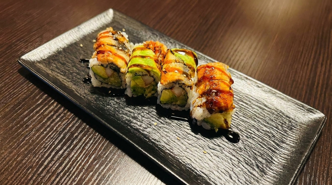 Four sushi rolls with avocado, shrimp, and eel on a dark rectangular plate.