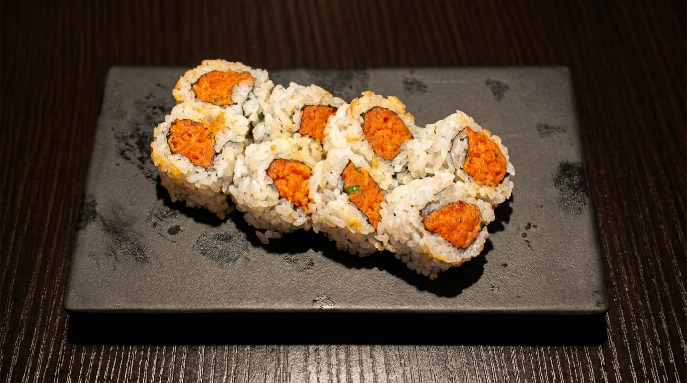 Spicy tuna sushi rolls with white rice and orange filling, served on a dark rectangular plate.