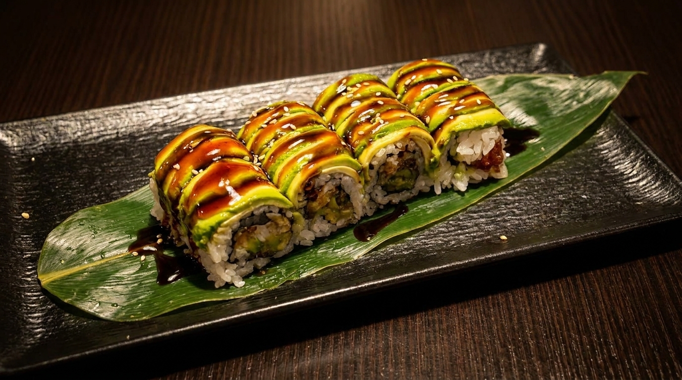 Four avocado sushi rolls with eel sauce and sesame seeds on a banana leaf and black plate.