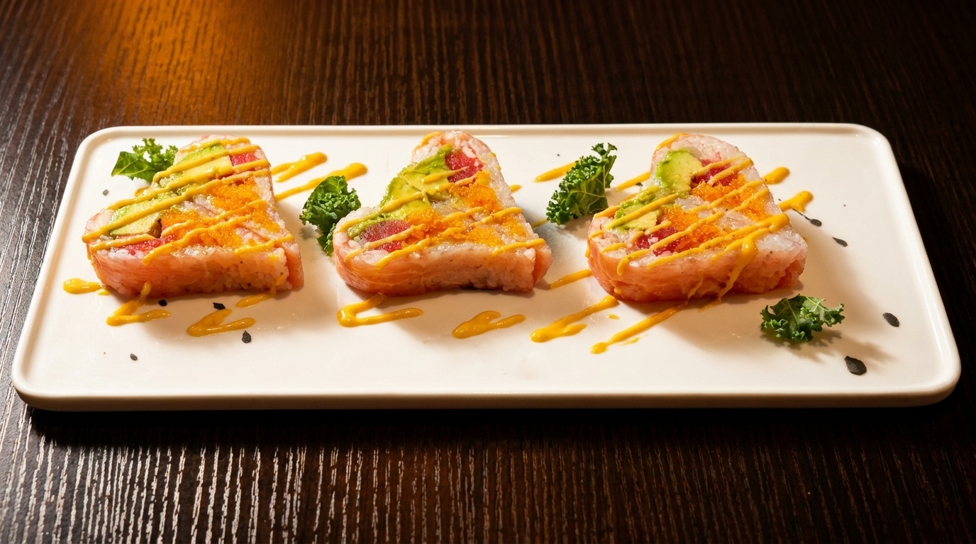 Three heart-shaped sushi pieces with tuna, avocado, and roe, drizzled with yellow sauce on a white plate.
