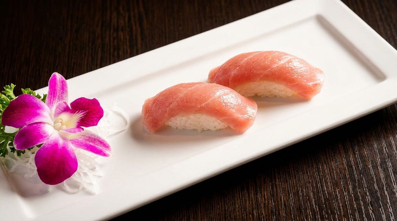 Two pieces of tuna nigiri sushi on a white rectangular plate, garnished with a purple orchid.