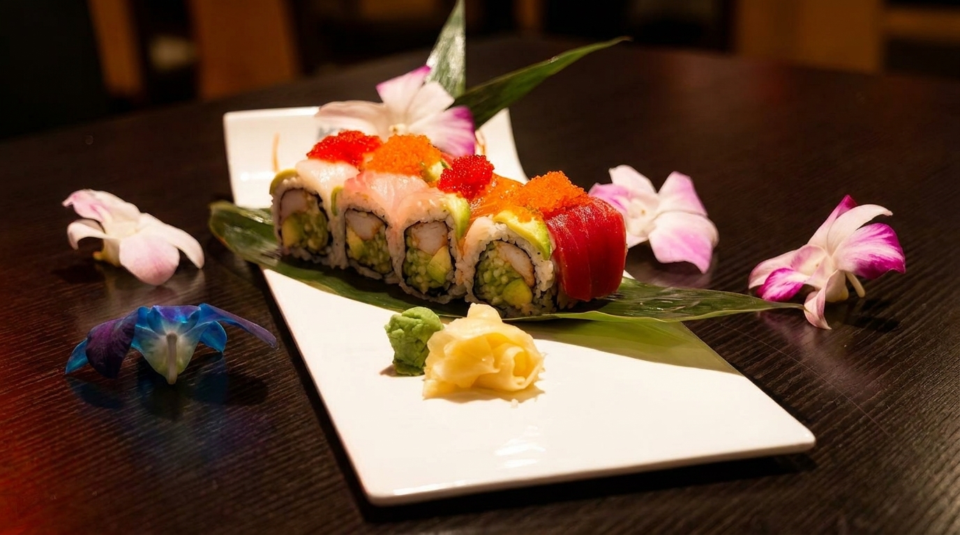 Colorful sushi rolls with roe, wasabi, and ginger, garnished with orchids on a white plate.