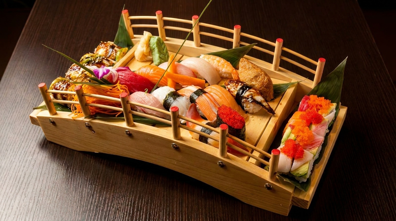 Assorted sushi and sashimi beautifully arranged on a wooden boat-shaped serving platter.