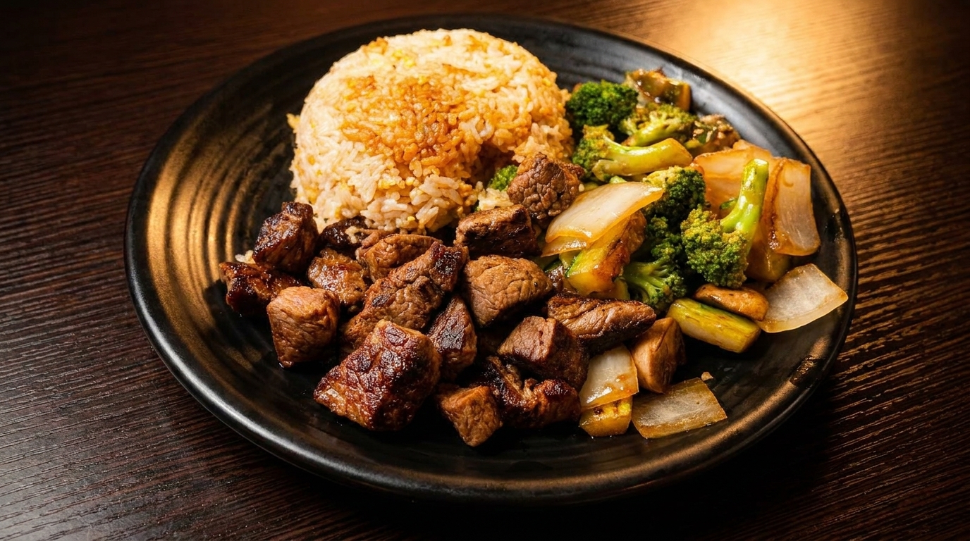 A black plate with steak bites, fried rice, and stir-fried broccoli and onions.