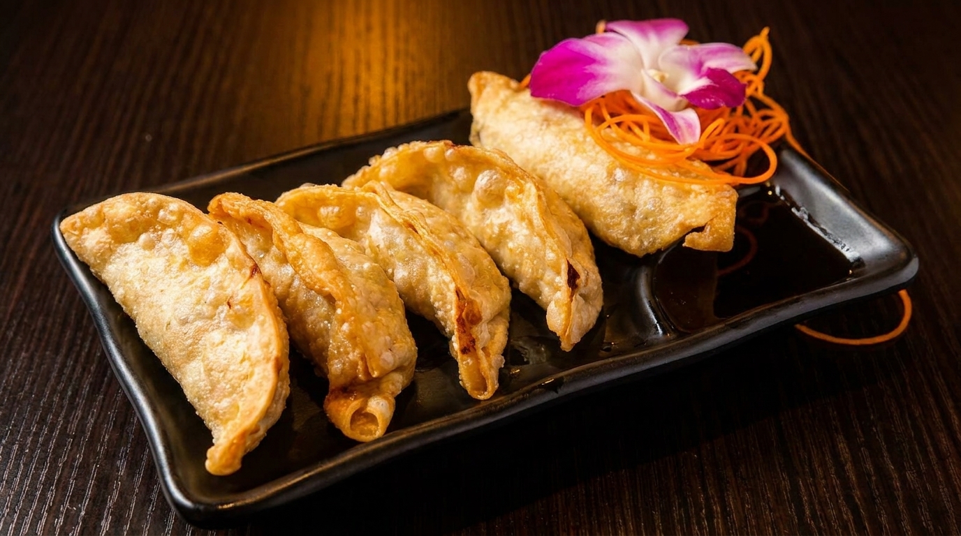 Five golden-fried dumplings with a pink orchid and carrot garnish on a black plate with soy sauce.