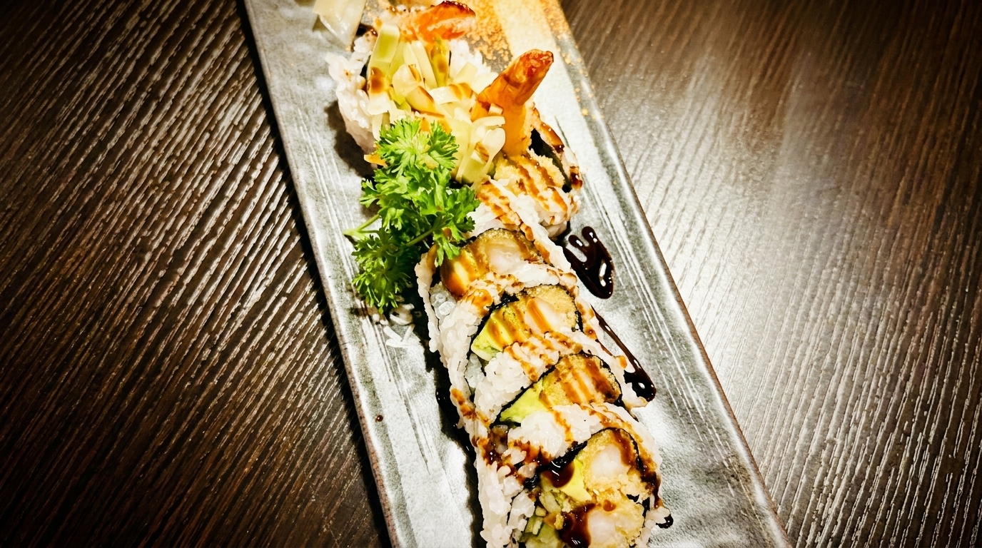 Shrimp tempura sushi rolls with avocado, drizzled with sauce, and garnished with parsley on a rectangular plate.