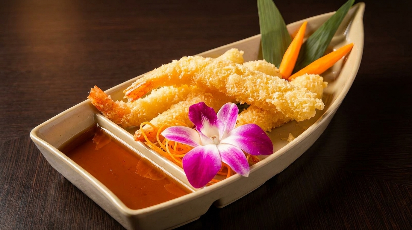Tempura shrimp with dipping sauce, garnished with a purple orchid, carrots, and green leaves.