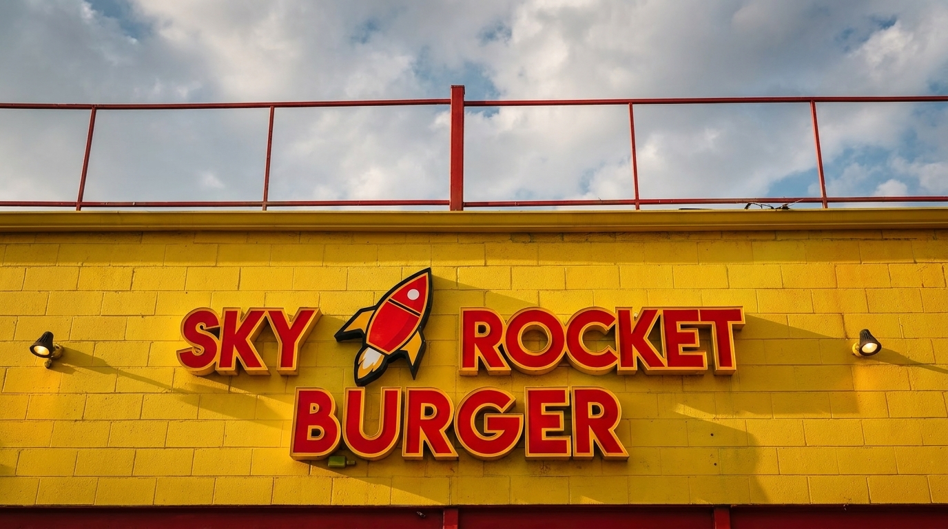 Sky Rocket Burger sign with red letters and a rocket graphic on a yellow brick wall.