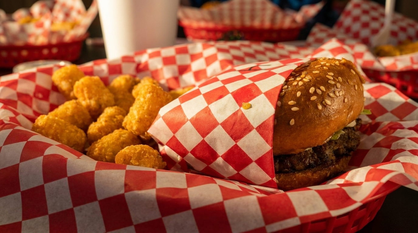 A burger wrapped in red and white checkered paper, served with tater tots in a red basket.