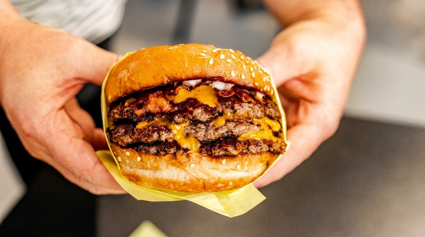 Hands holding a large double cheeseburger with melted cheese, bacon, and onions on a sesame seed bun.