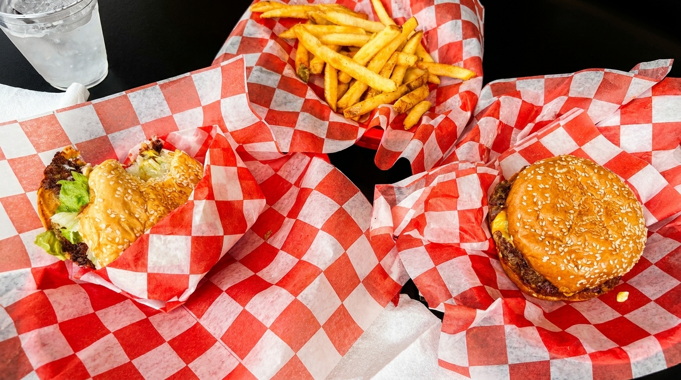 Two burgers, one partially eaten, and a basket of fries, all in red and white checkered paper.