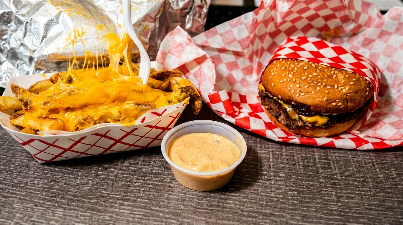 Cheesy fries with a white fork, a burger in checkered paper, and a dipping sauce cup.
