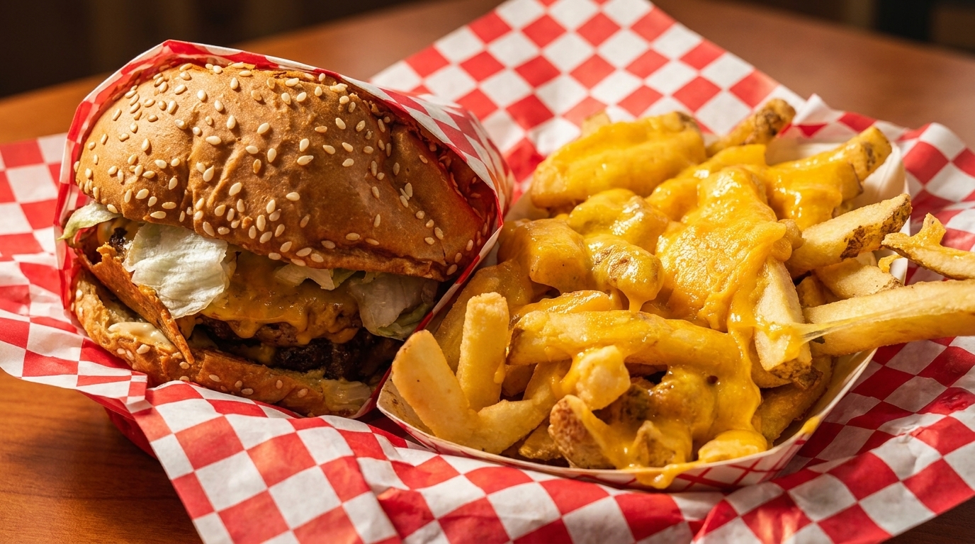 A double cheeseburger with lettuce and cheese fries, served in red and white checkered paper.