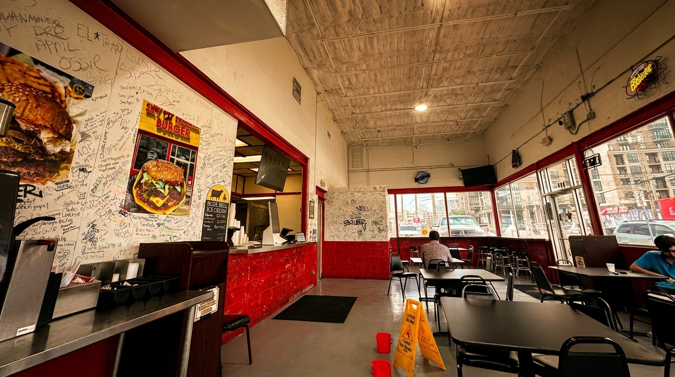 Interior of a casual burger restaurant with red accents, black tables, and customer graffiti on the walls.