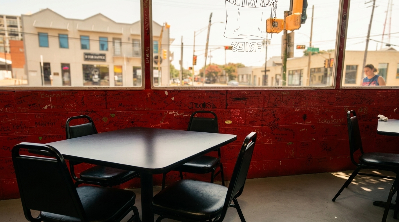 Interior view of a restaurant with red walls covered in graffiti, black tables, and a street view outside.