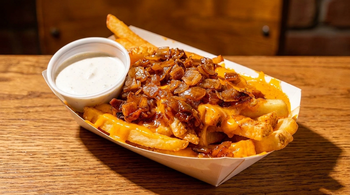 Loaded fries with melted cheese, caramelized onions, and a side of white dipping sauce.