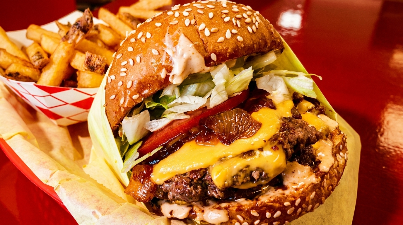 Cheeseburger with lettuce, tomato, caramelized onions, and sauce, next to a basket of fries.
