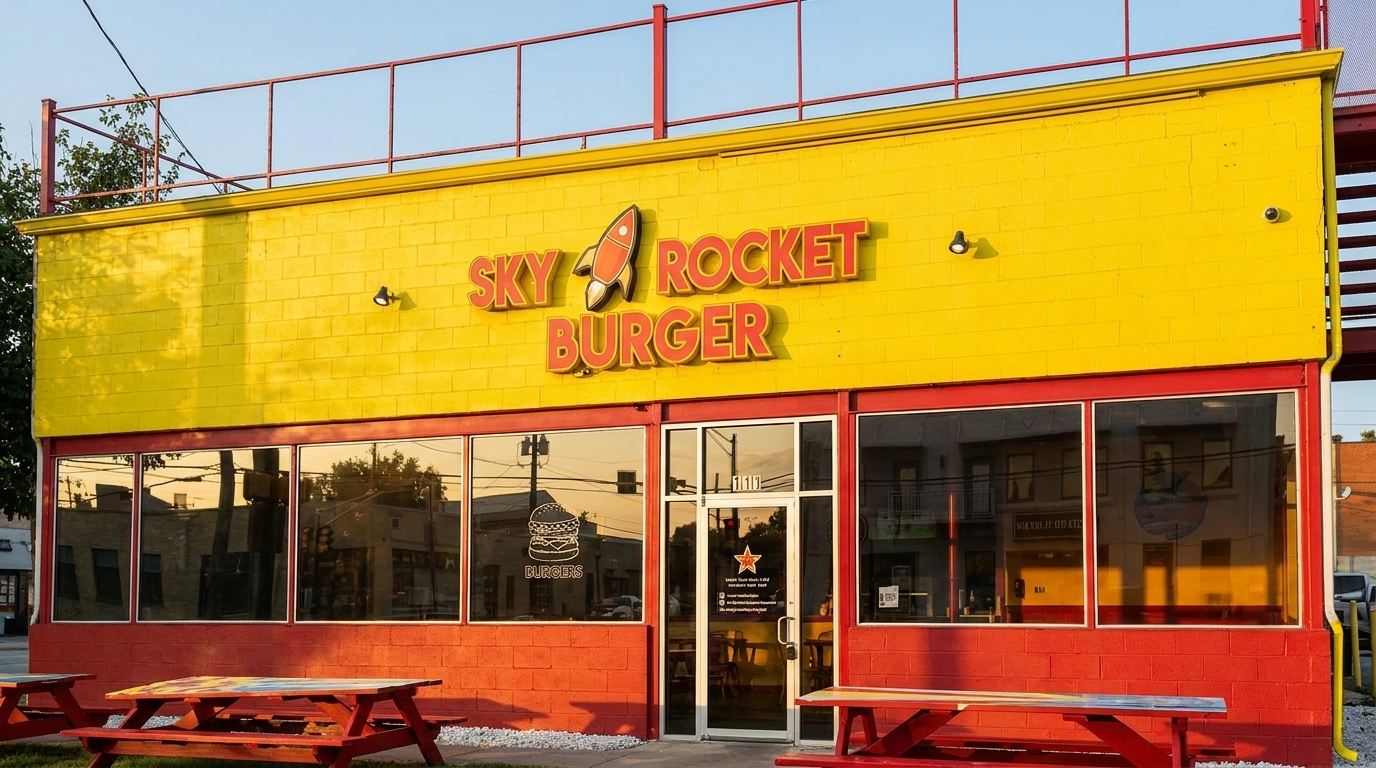 Exterior of Sky Rocket Burger, a vibrant yellow and red building with large windows and picnic tables.