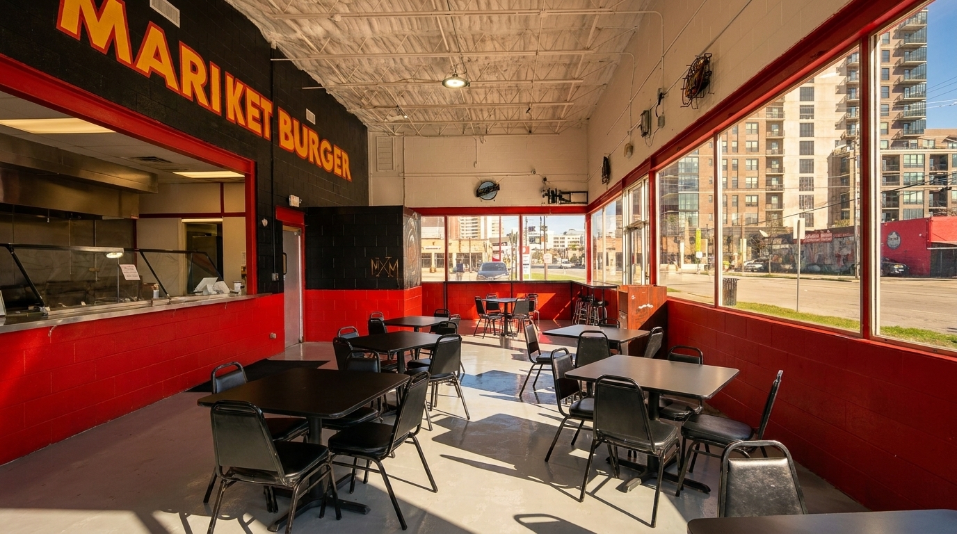 Empty dining room of MariKet Burger with black tables, red walls, and large windows overlooking a city street.